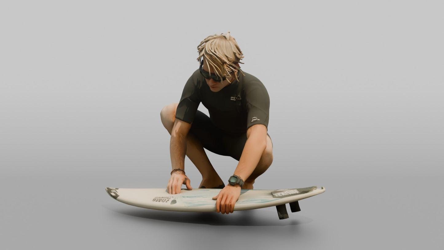 Surfer Checking the Wax on His Board