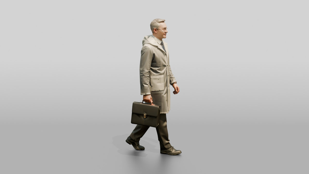 White Man in Suit Under Transparent Raincoat - 3D character model, view 2