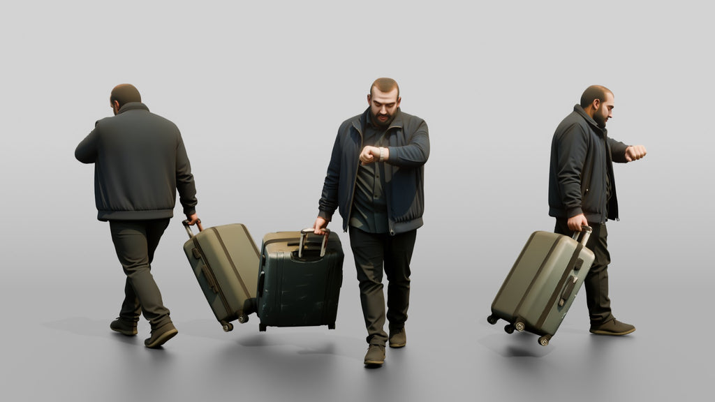 Plus-Size Bearded Man Carrying Two Suitcases Checking His Watch