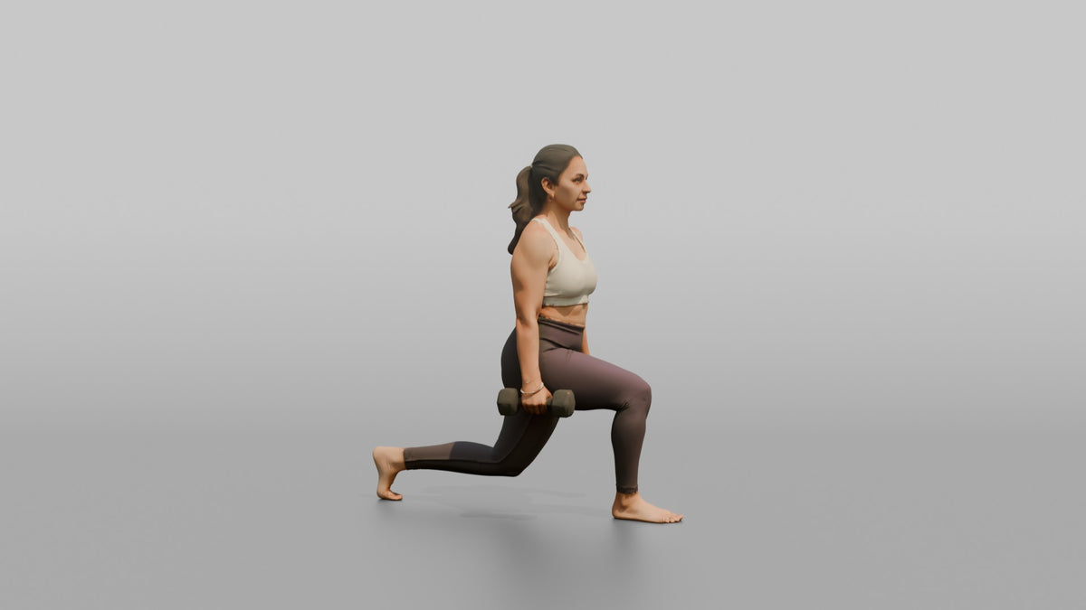 Weightlifter Woman Holding Two Dumbbells At The Sides Mid-lunge - 3D character model, view 2