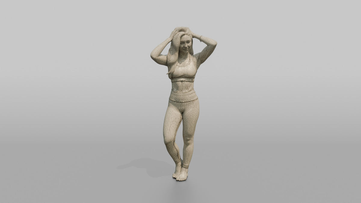 Fitness Influencer Woman Standing With Hands Running Through Hair - wireframe topology preview