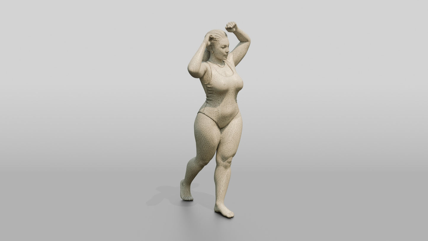 Curvy Woman in Rose Two-Piece Swimsuit Arms Raised