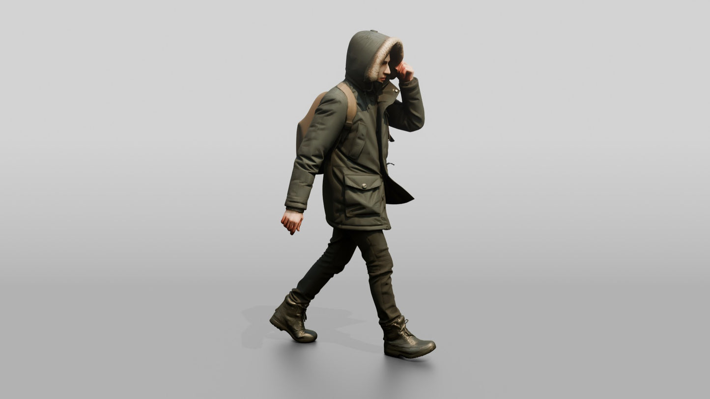Middle Eastern Man in Grey Parka Walking Against Wind
