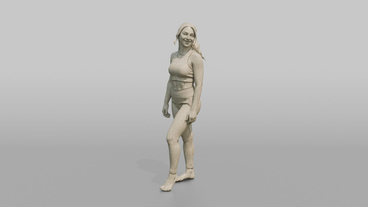 Fitness Influencer Woman Standing With A Slight Lean, Looking Over The Shoulder - wireframe topology preview