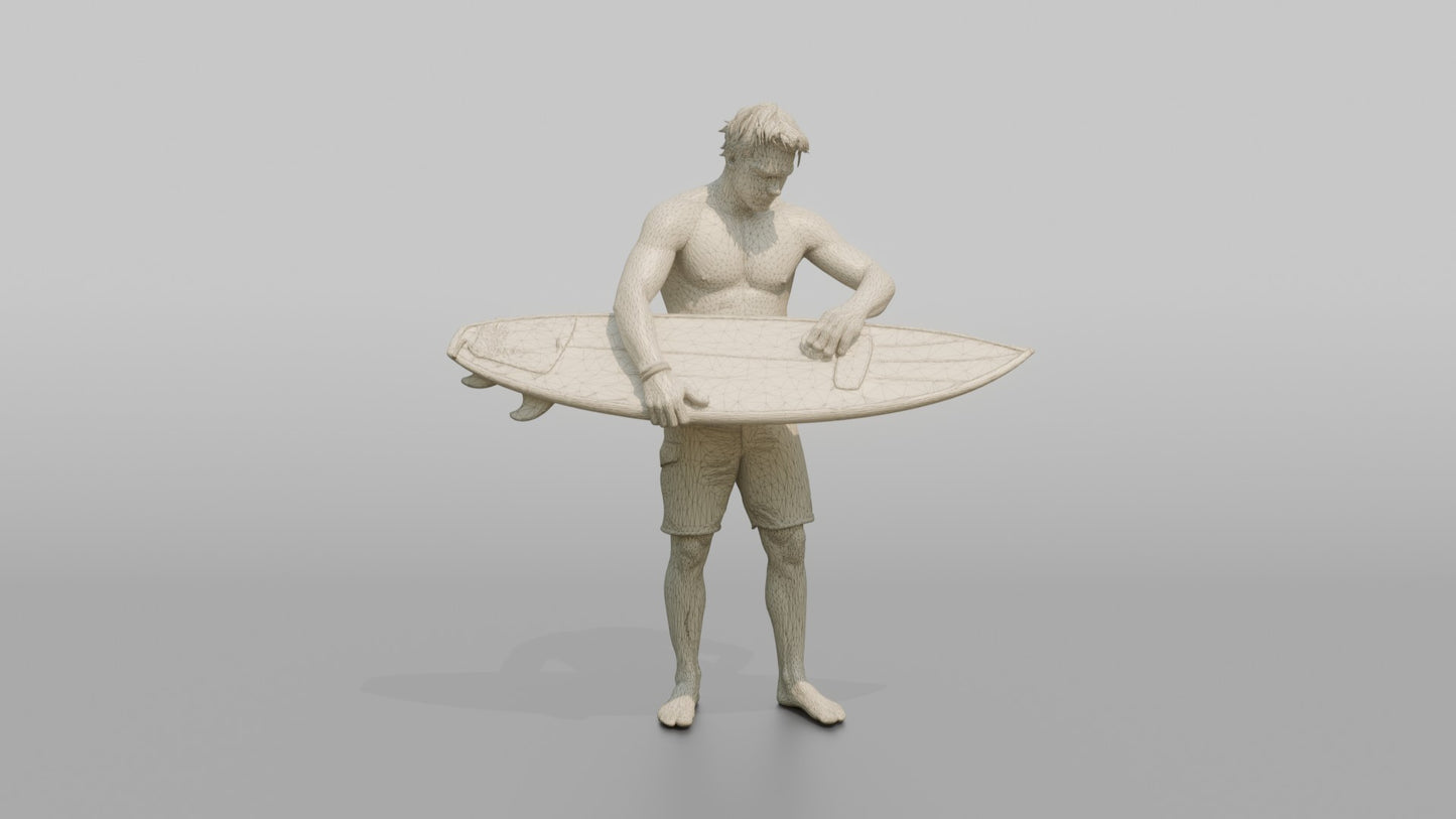 Surfer Waxing His Surfboard