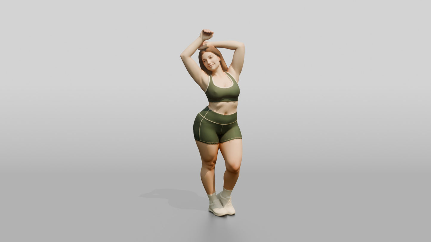 Curvy Woman in Olive Activewear Stretching Overhead