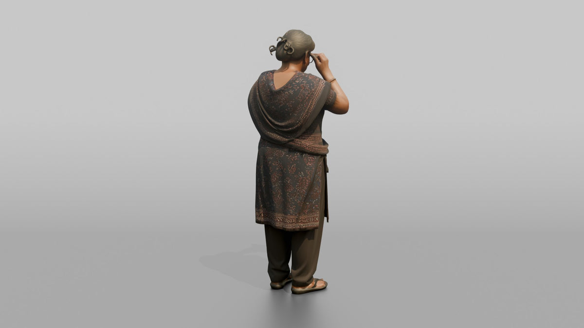 Grandmother Adjusting Her Glasses While Reading A Recipe Card - 3D character model, view 3