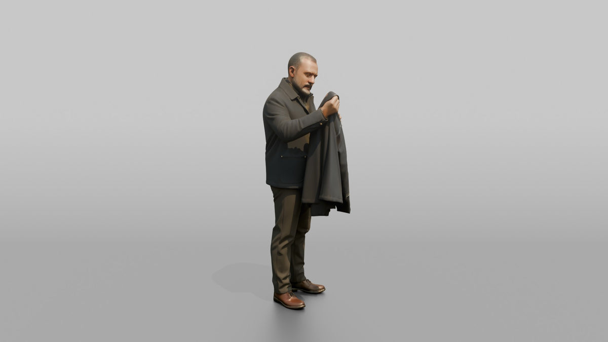Man Customer Inspecting The Stitching On A Jacket Sleeve - 3D character model, view 2