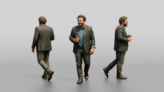 Man Walking with Coffee in the Hallway