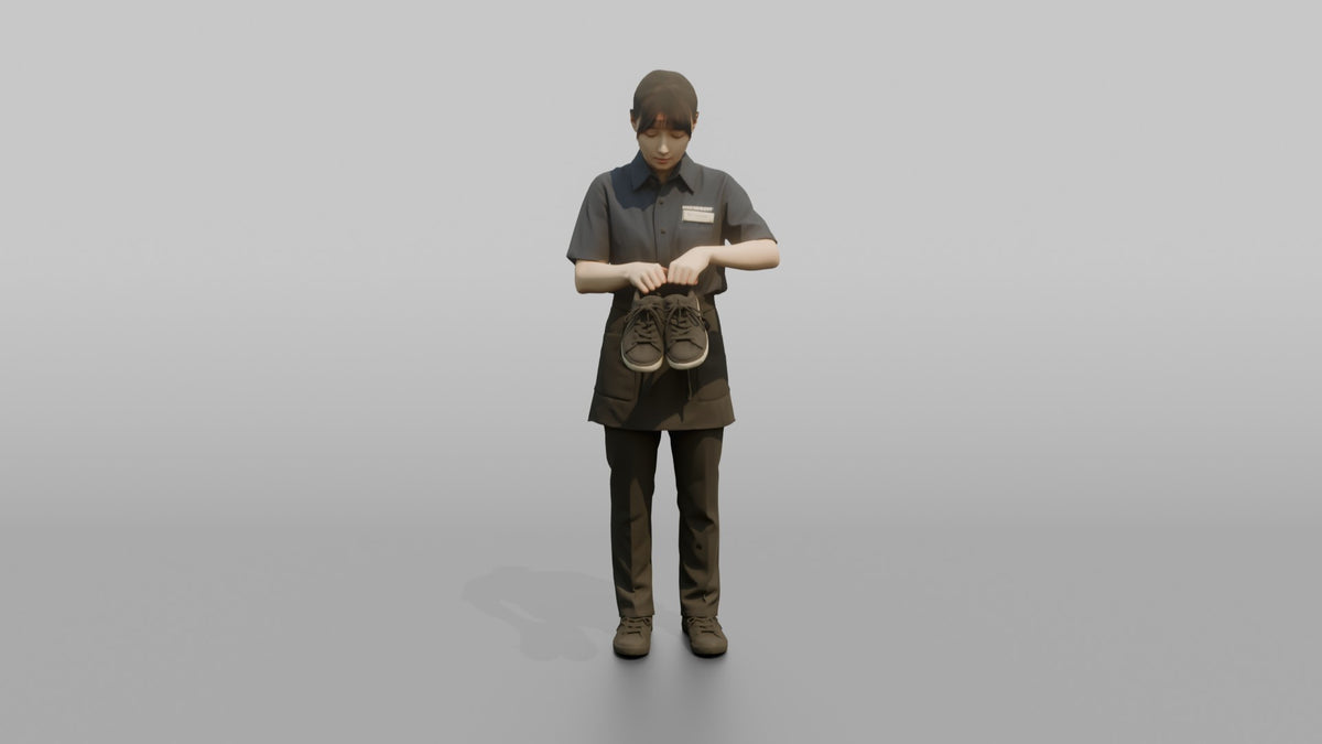 Woman Shop Assistant Arranging A Pair Of Shoes In Her Hands - 3D character model, view 5