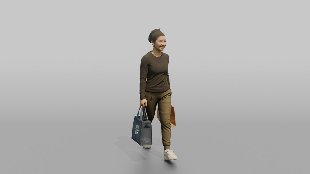 Woman Customer Walking With A Shopping Bag In Each Hand, Smiling - 3D character model, view 2
