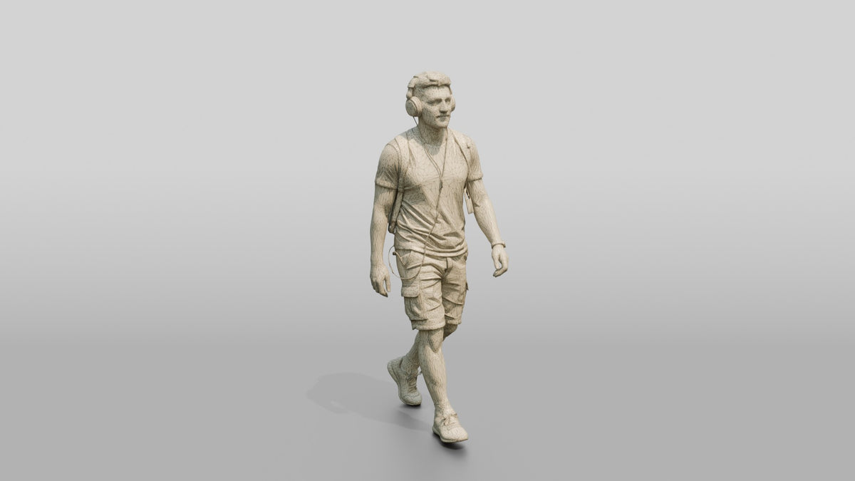 Young Turkish Man Walking with Headphones - wireframe topology preview