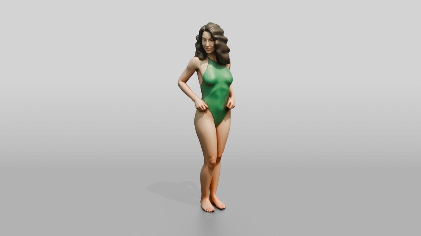 Woman in Green One-Piece Swimsuit with Hand on Hip
