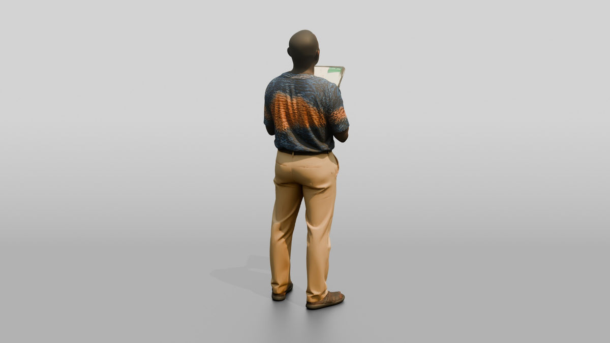 Elderly African Man Holding a Tablet Looking Up - 3D character model, view 3