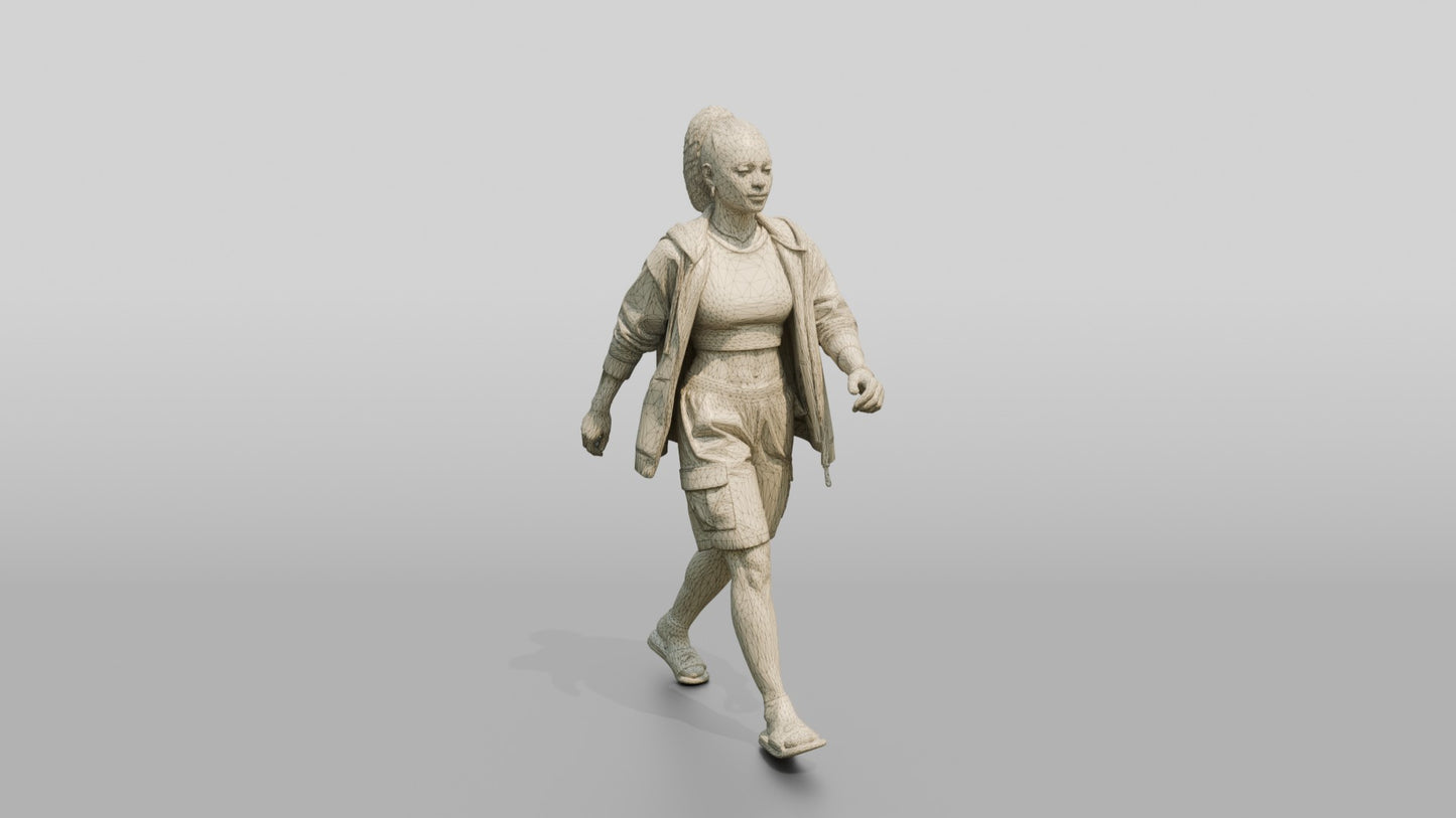 Multiracial Woman Walking the Boardwalk in Unzipped Hoodie