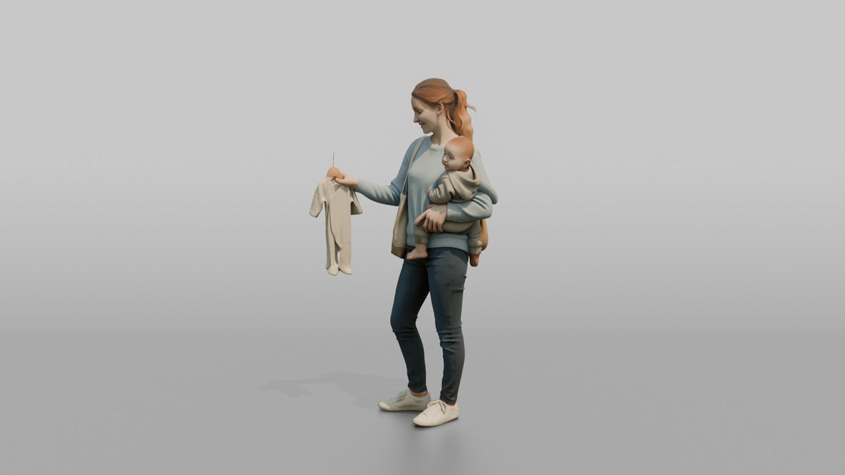 Woman Customer Carrying A Baby On Her Hip While Browsing Baby Clothes - 3D character model, view 4