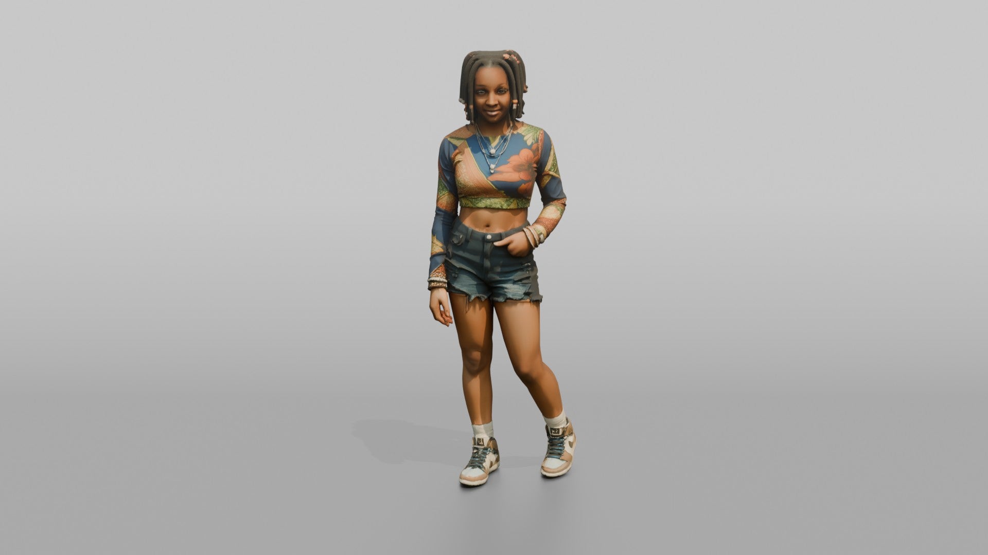 African Woman in Colorful Crop Top and Denim Shorts