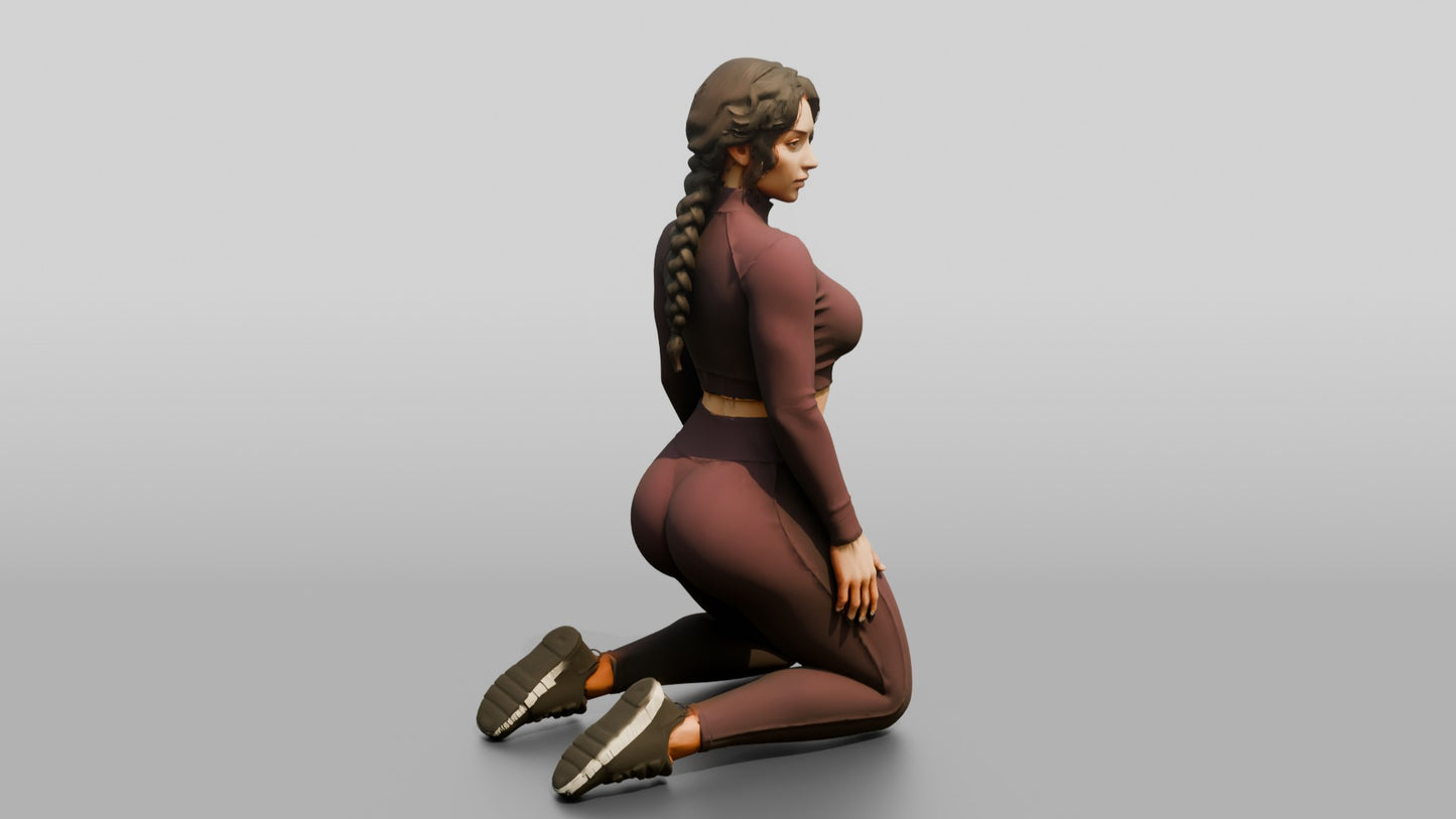Woman Kneeling in Burgundy Long-Sleeve Activewear