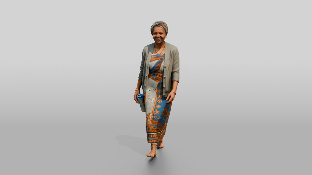 Elderly African Woman with a Water Bottle in a Wrap Dress