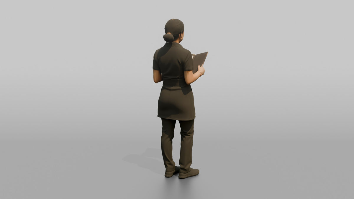 Bartender Woman Holding A Bar Menu Open - 3D character model, view 3