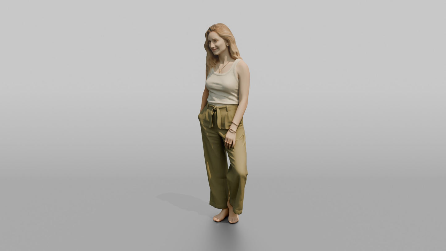 Woman Standing in Olive Green Linen Pants