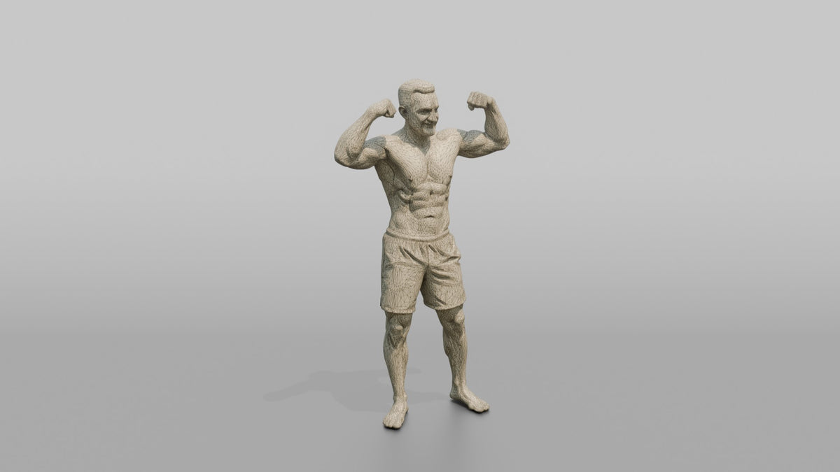 Physique Model Man Flexing Both Biceps In A Confident Double-bicep Pose - wireframe topology preview