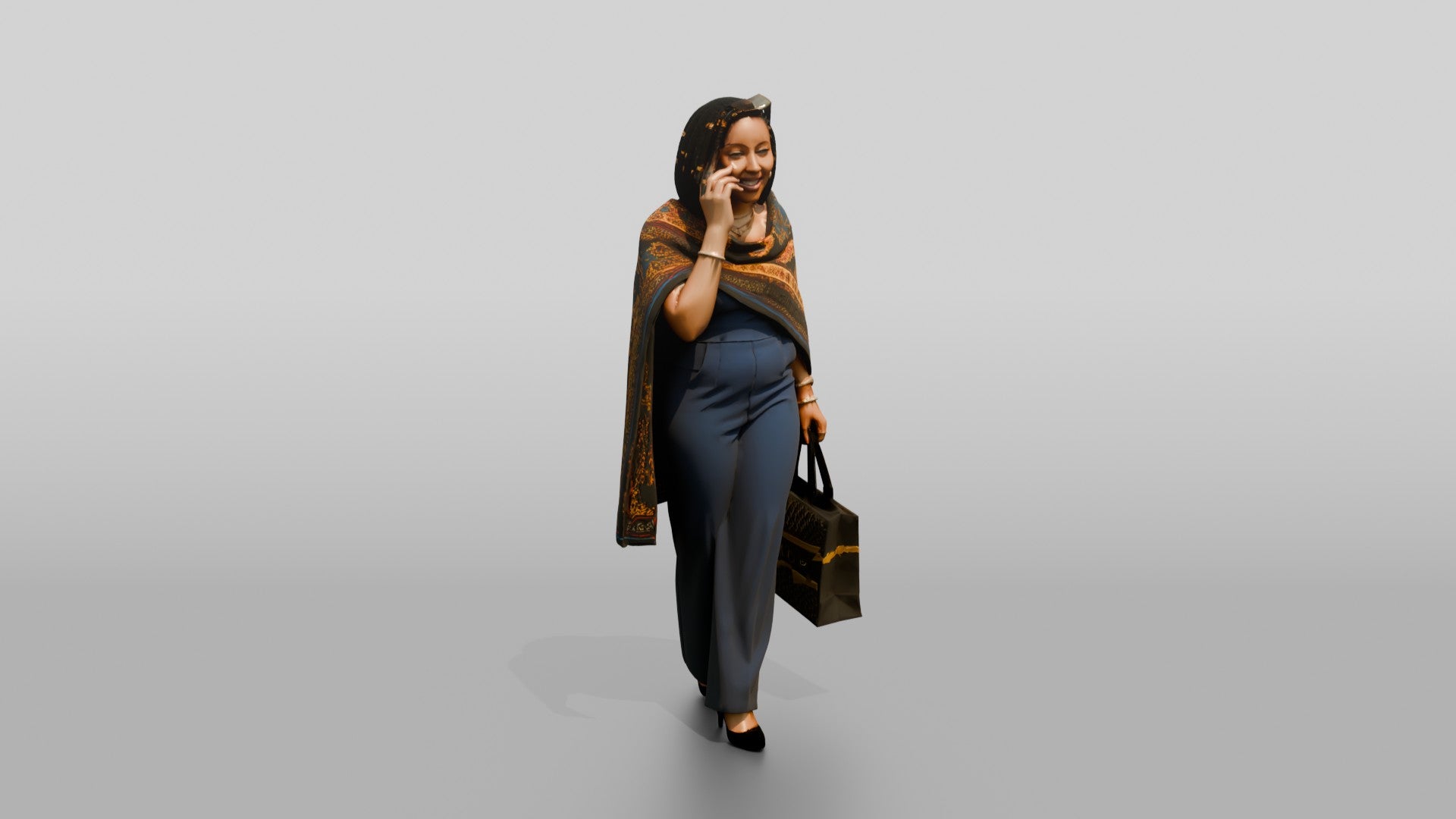 Woman in Printed Wrap Shawl Talking on the Phone