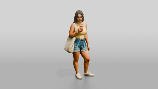 Curvy Italian Young Woman Sipping a Cold Drink - 3D character model, view 1