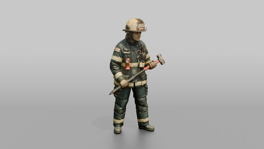 Firefighter Woman Holding a Glass-breaker Entry Tool - 3D character model, view 1