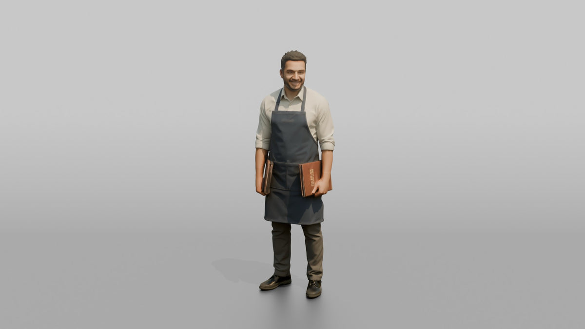 Host Man Holding Two Menus, One In Each Hand - 3D character model, view 5