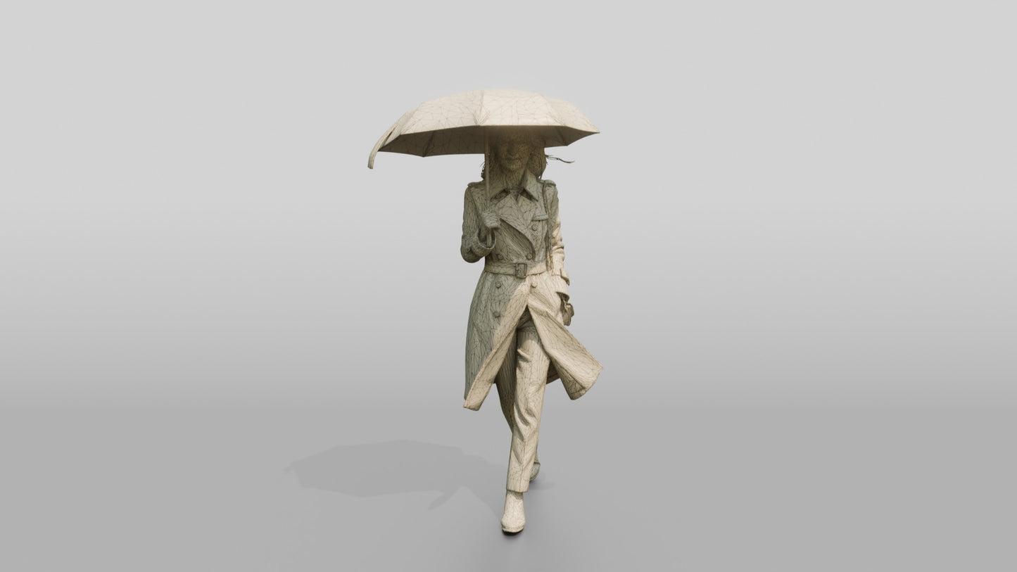 East Asian Woman in White Trench Coat with Red Umbrella