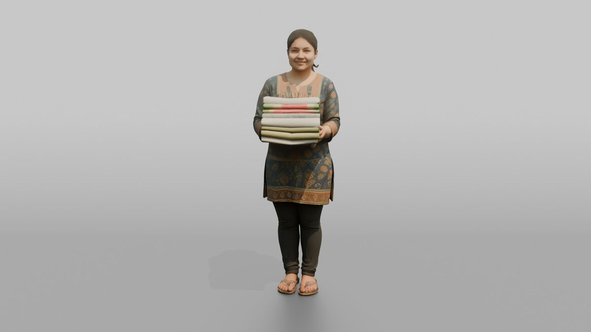 Mother Carrying A Stack Of Clean Folded Laundry - 3D character model, view 5