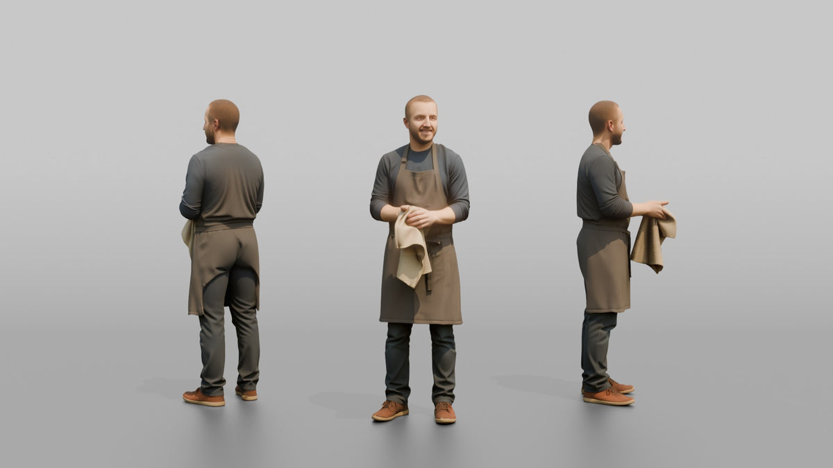 Father Wiping His Hands On A Kitchen Towel, Apron On - 3D character model, view 1