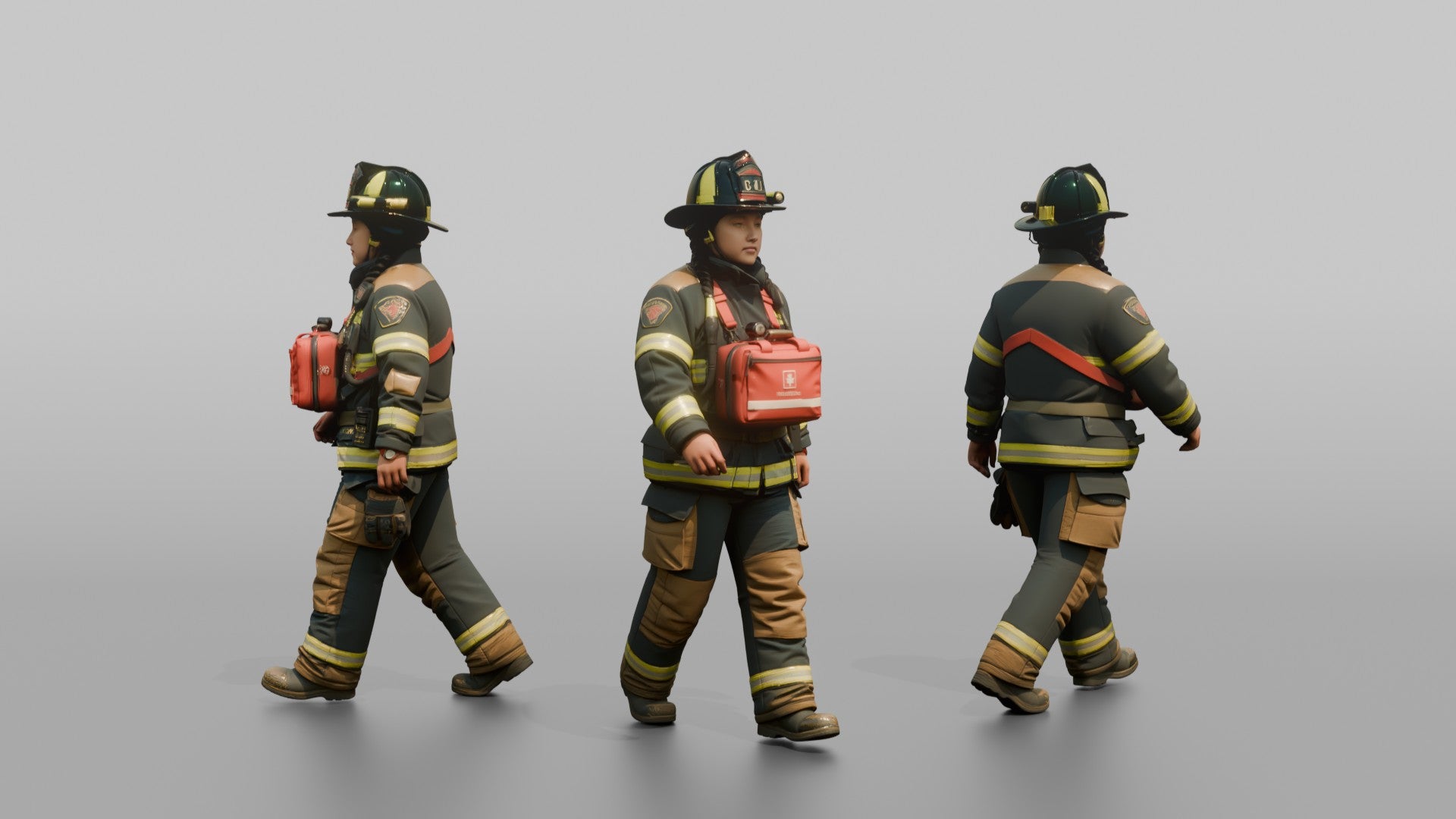 Firefighter Woman Carrying a First Aid Kit Across Her Chest