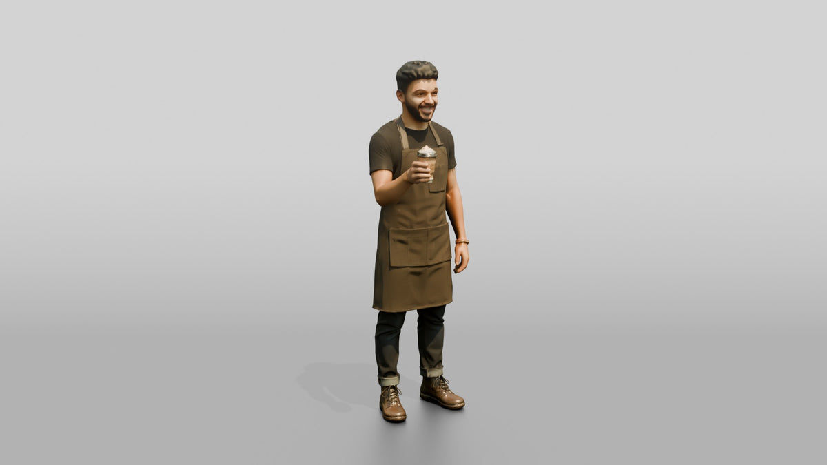 Hispanic Barista Holding Coffee Cup - 3D character model, view 1