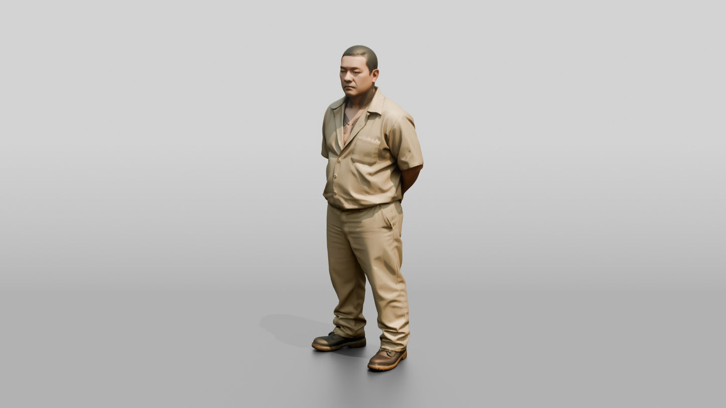 East Asian Male Prisoner in a Khaki Uniform
