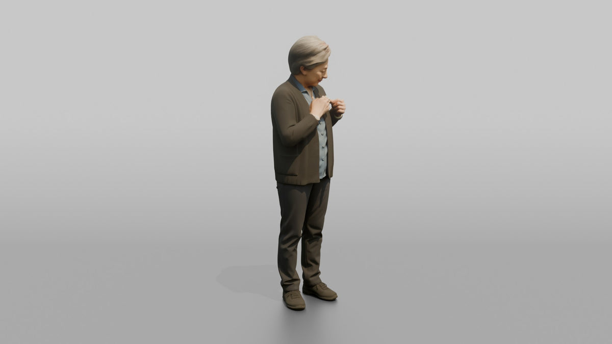 Grandmother Adjusting A Brooch On Her Cardigan - 3D character model, view 2