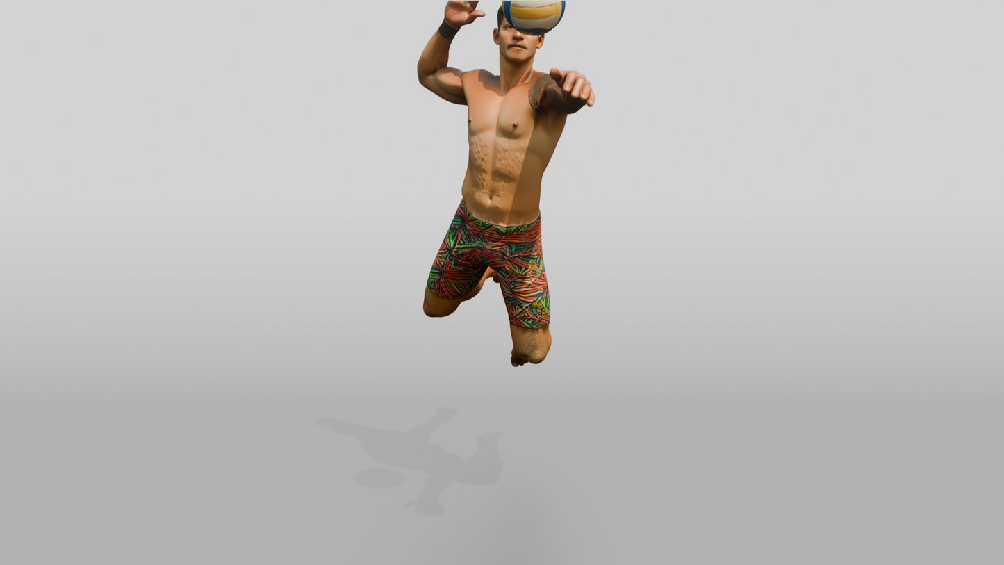 Latino Man Leaping in Beach Volleyball Pose