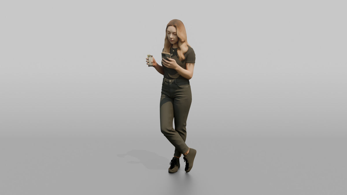 Patron Woman Standing Checking A Phone, Drink In The Other Hand - 3D character model, view 4