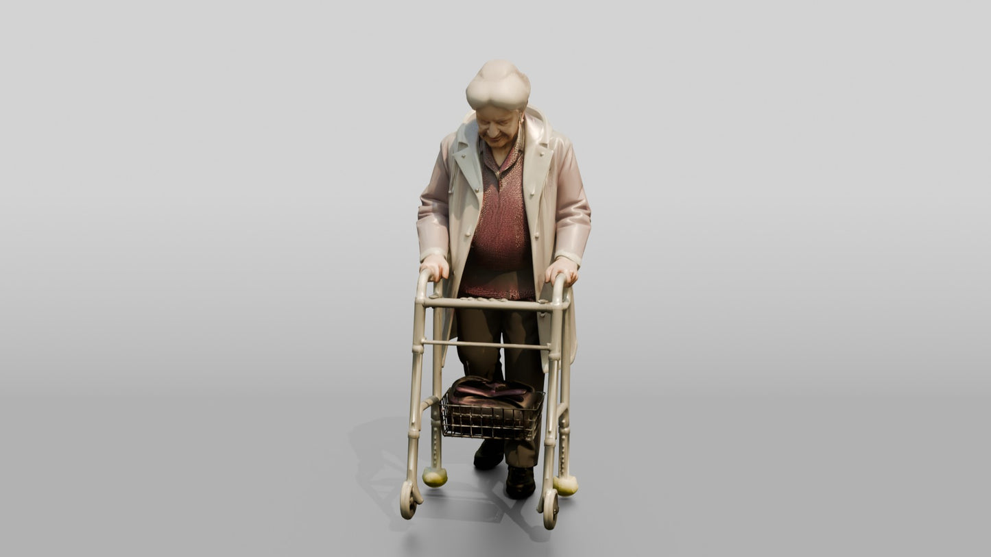 Elderly White Woman in Clear Raincoat with Walker
