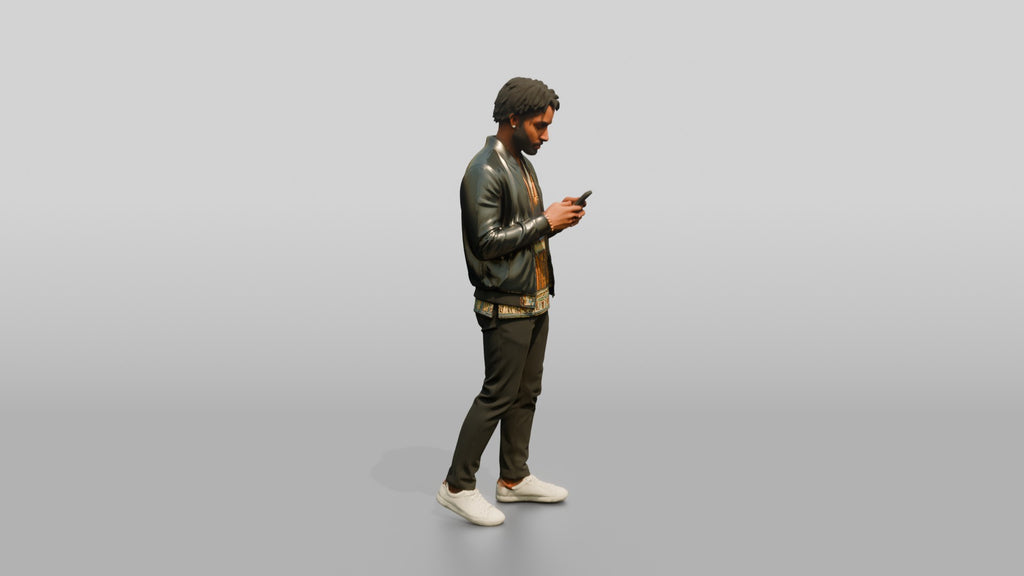 Stylish African Man Texting in a Leather Bomber Jacket