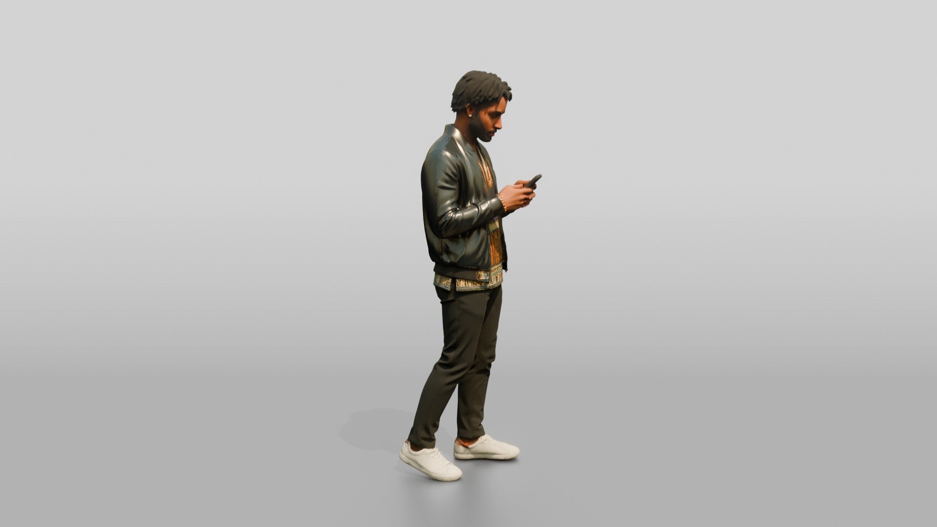 Stylish African Man Texting in a Leather Bomber Jacket