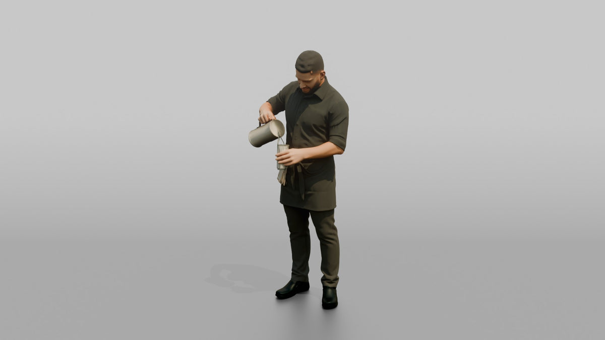 Server Man Pouring Water From A Pitcher Into A Glass - 3D character model, view 4