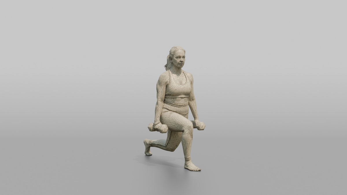 Weightlifter Woman Holding Two Dumbbells At The Sides Mid-lunge - wireframe topology preview
