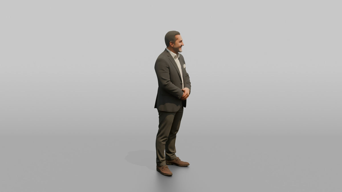 Host Man Standing With Hands Folded, Welcoming Posture - 3D character model, view 2