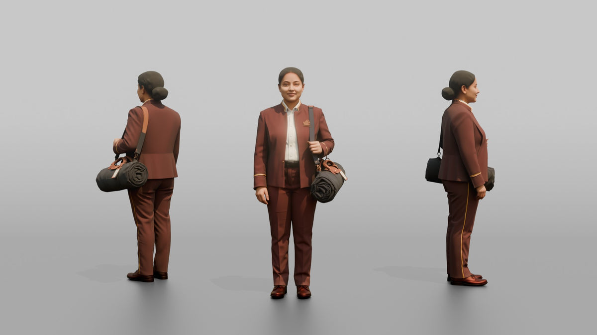Bellhop Woman Carrying A Rolled Travel Bag Over One Shoulder - 3D character model, view 1