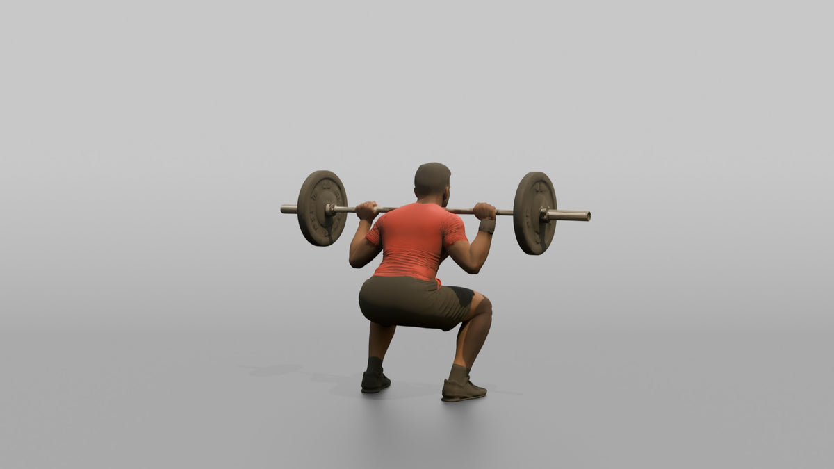Weightlifter Man Holding A Barbell Across The Shoulders In A Squat Stance - 3D character model, view 3