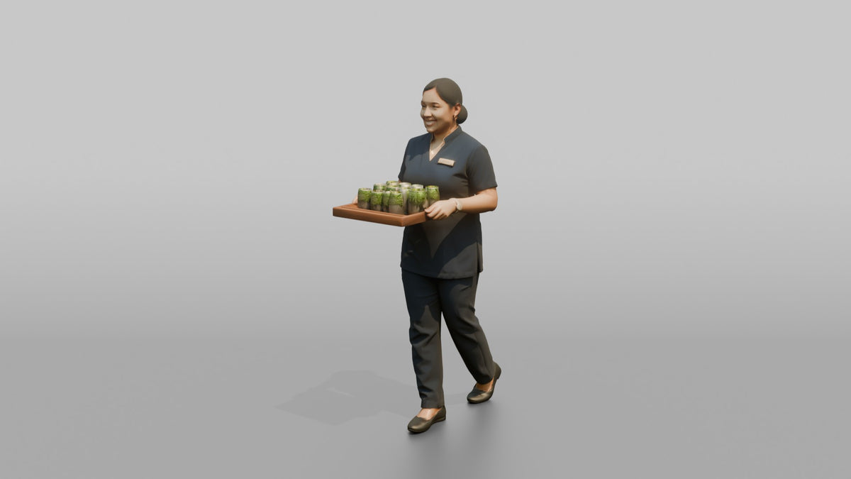Spa Attendant Man Carrying A Tray With Cucumber Water Glasses - 3D character model, view 4
