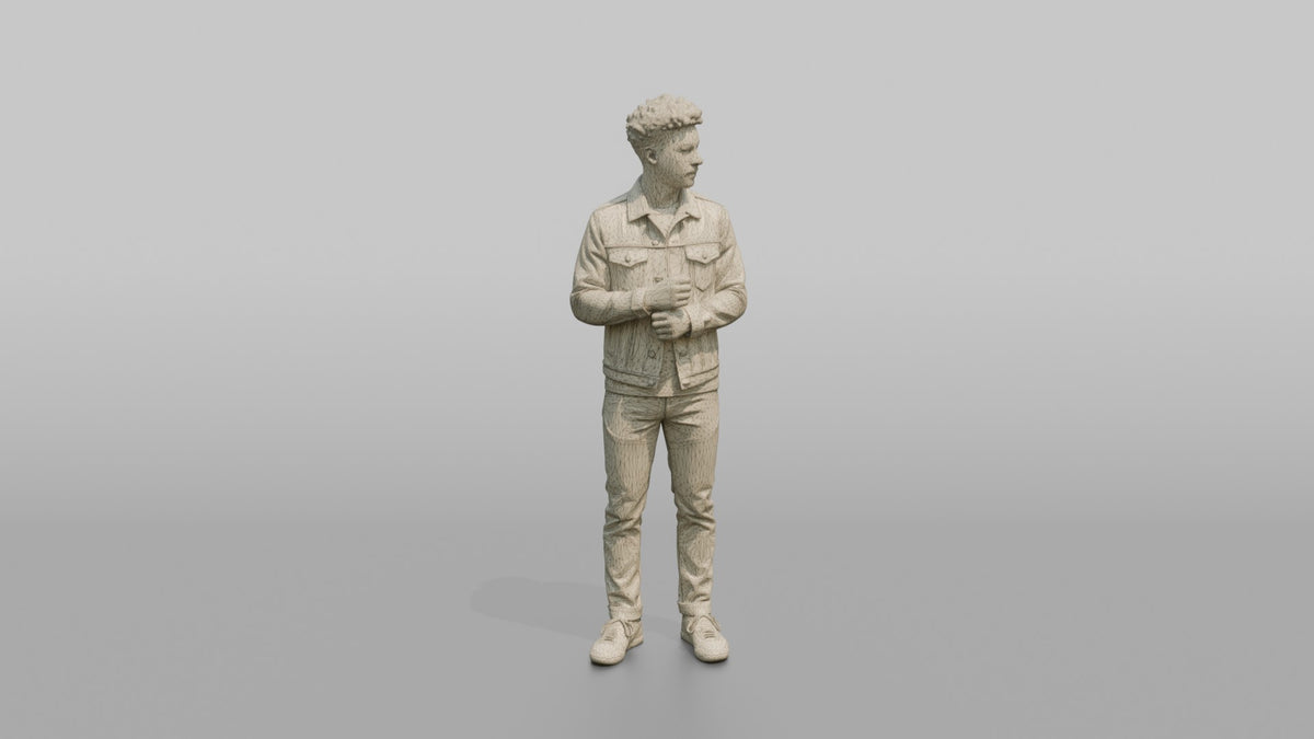 Man Customer Trying On A Denim Jacket - wireframe topology preview