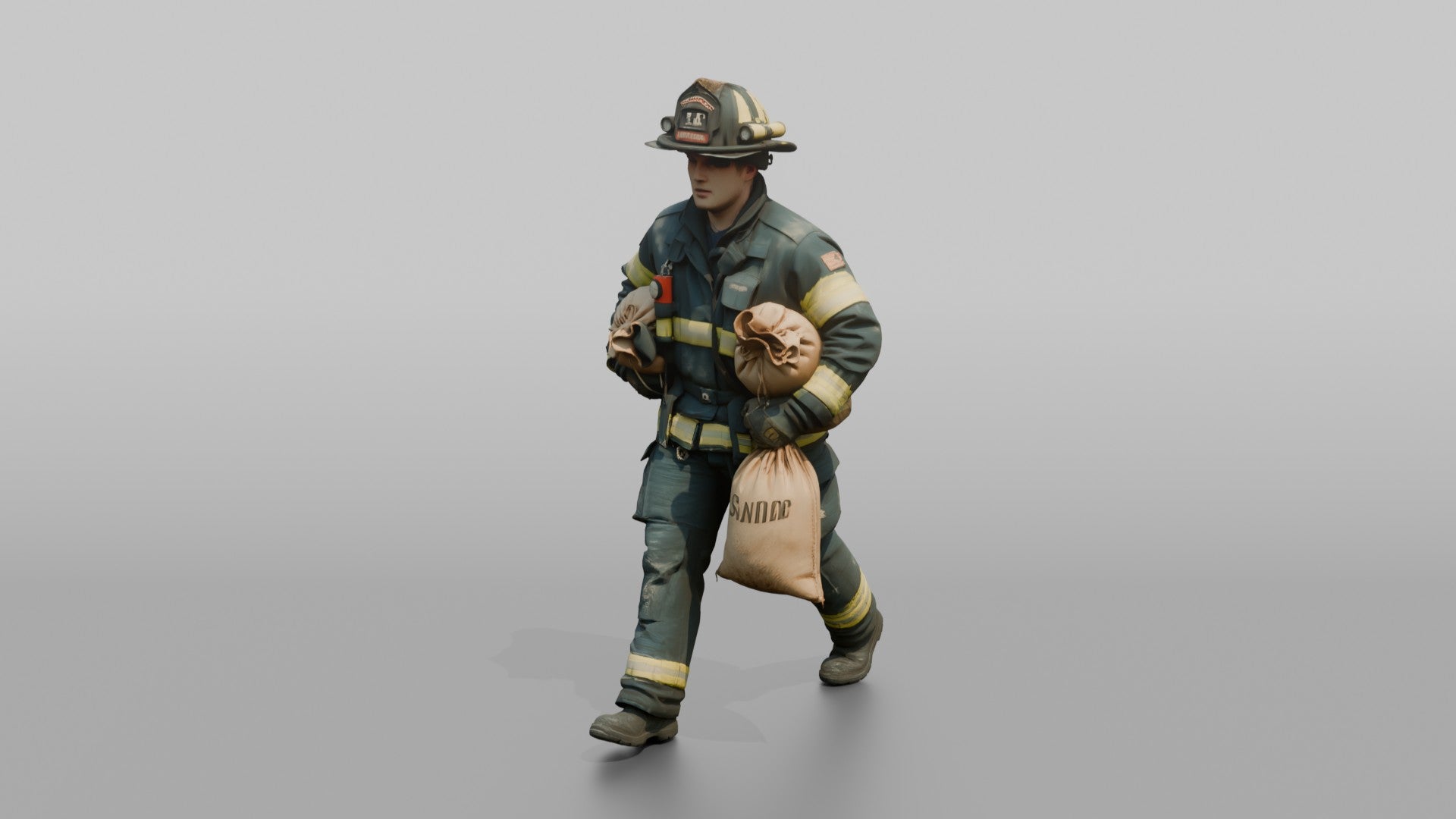 Firefighter Man Hauling a Sandbag Under Each Arm